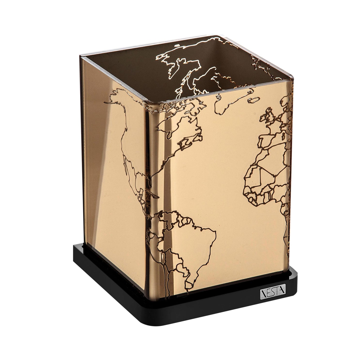 PORTAPENNE ALPHABET "GLOBAL THINKING" ORO IN CRISTALLO ACRILICO ORO SPECCHIATO CON INCISIONE 8,5X8,5X11,5