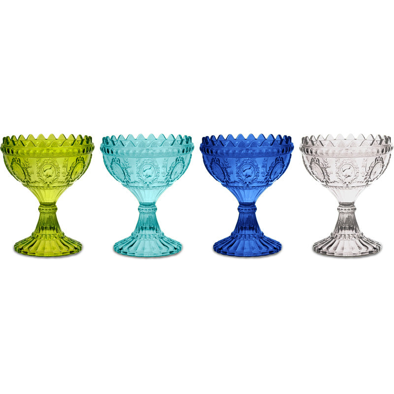 SET 4 BOWL CON PIEDE BLU TURCHESE LIME TRASPARENTE
