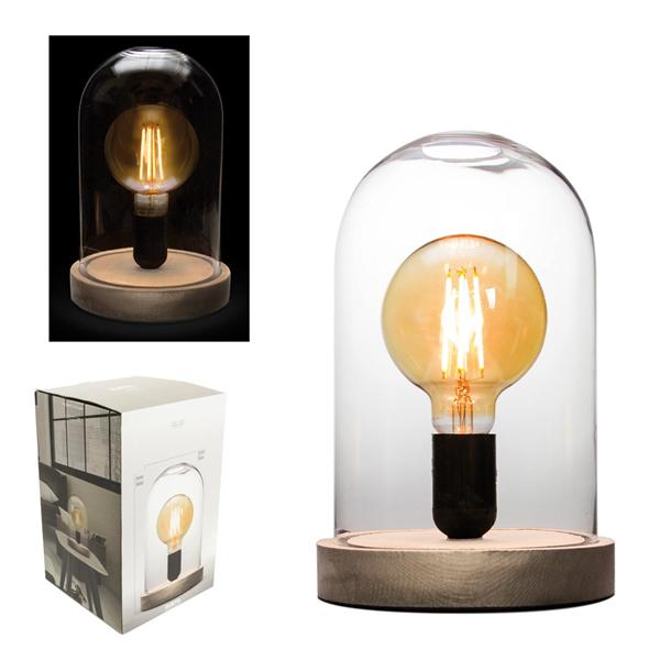 LAMPADA "VINTAGE" DA TAVOLO CON CUPOLA IN VETRO E BASE IN LEGNO