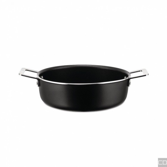 POTS&PANS ALUMINUM LOW TWO-HANDLED CASSEROLE WITH BLACK NON-STICK COATING. 18/10 STAINLESS STEEL HANDLES. 