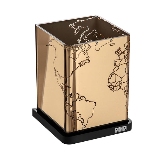 PORTAPENNE ALPHABET "GLOBAL THINKING" ORO IN CRISTALLO ACRILICO ORO SPECCHIATO CON INCISIONE 8,5X8,5X11,5