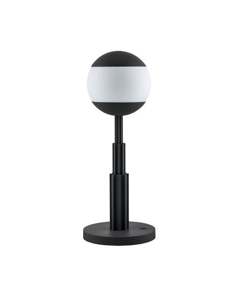 LAMPADA DA TAVOLO IN ALLUMINIO COLORATO,GRIGIO E SFERA IN VETRO. BATTERIA RICARICABILE E TOUCH DIMMER. LUCE LED 5W 5V. ADATTATORE CON SPINE INTERCAMBIABILI.