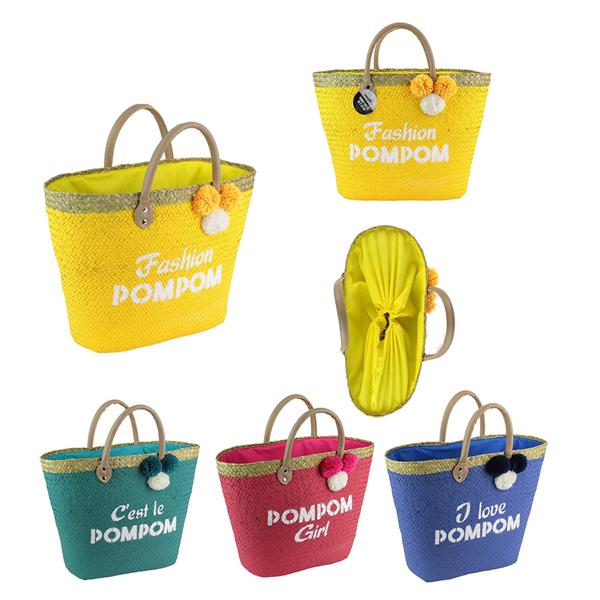 BORSA SHOPPER IN GIUNCO COLORATO CON PON PON