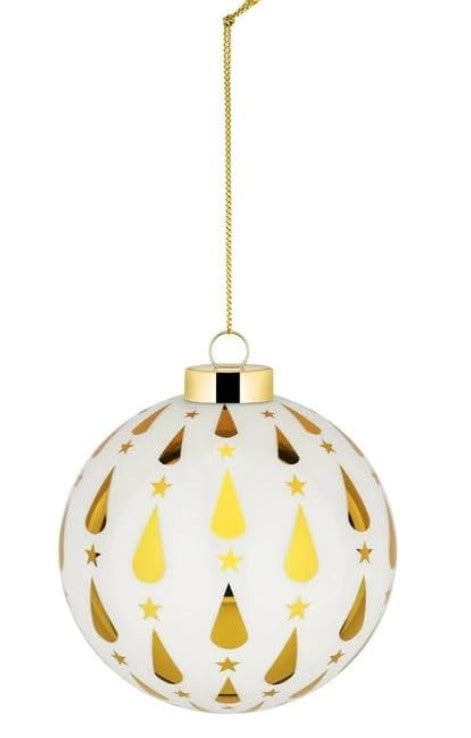 Palla singola per albero di Natale in vetro soffiato con decorazioni geometriche natalizie.