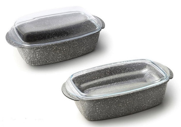 SET ROSTIERA 32X21 CM  AD INDUZIONE CON COPERCHIO IN VETRO E PRESINE IN SILICONE